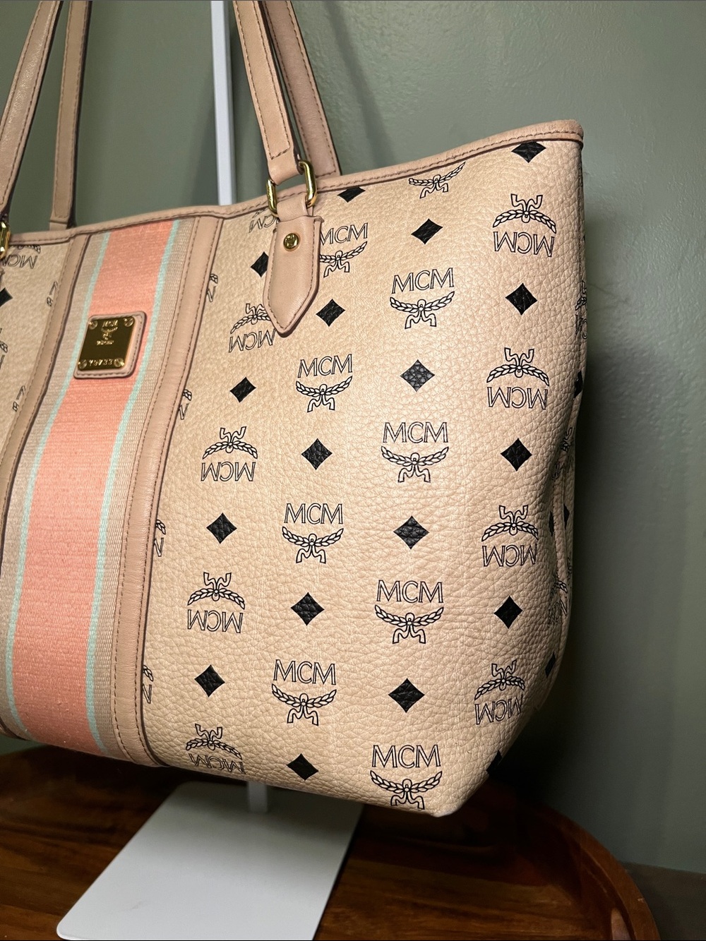 MCM Beige Logo Canvas Tote with Coral and Blue Center Stripe - Picture 2 of 10